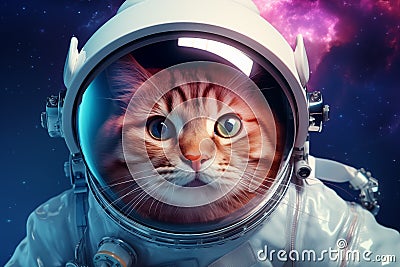 A captivating image of a cat in an astronaut suit with a detailed helmet, against a backdrop of a distant galaxy Stock Photo