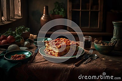 Ai Generative Traditional Italian lasagna on a wooden table. Selective focus Stock Photo