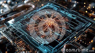 Exploring the Intersection of Nature and Technology: A Computer Circuit Embraces a Glowing Flower in an X-Ray Style Conceptual Stock Photo