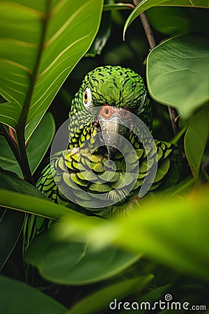 jaco parrot hiding jungle leaves Stock Photo