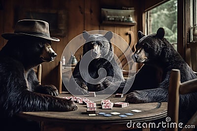 Ai Generative Group of bears playing poker at the table. Selective focus Stock Photo