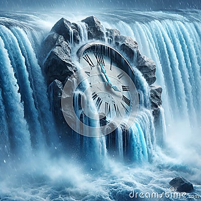 Temporal Cascade: Clock Amidst the Waterfall Stock Photo