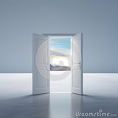 A captivating image of an open door, revealing a breathtaking vista of majestic mountains in the distance. Stock Photo