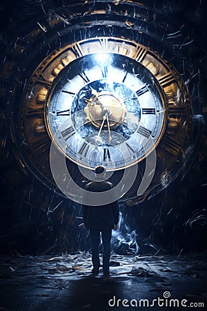 time travel concept. man looking a at a fantasy clock face. Stock Photo