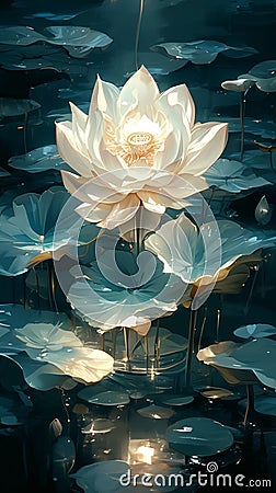 Stylized, radiant white lotus flower illuminated in dark waters surrounded by glowing lily pads in an ethereal setting Stock Photo