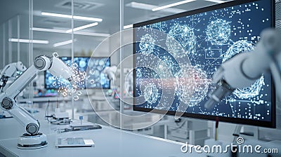 Exploring the Future of Artificial Intelligence with a Robot Before a Monitor Displaying Technology Stock Photo