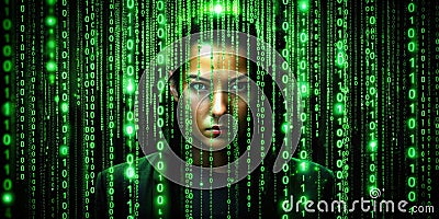 Futuristic Green Binary Code Falling Against a Dark Background A Captivating Visual for Technology Themes Data Stock Photo