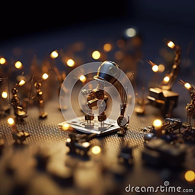 A microscopic robot repairs the insides of a computer. Generative AI Stock Photo