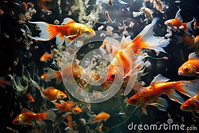 A captivating image showcasing a group of goldfish gracefully swimming in an aquarium., River pond decorative orange underwater Stock Photo