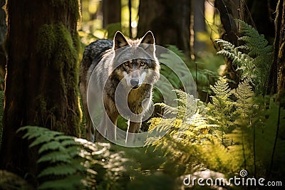 Stealthy Gray Wolf Prowling Through Dense Boreal Forest, Ferns, Moss-Covered Trees, Dappled Sunlight Stock Photo