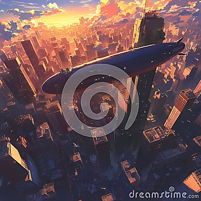 Zeppelin Soars Above Futuristic Cityscape - 391861254 Stock Photo