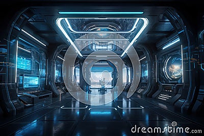 Stunning Blue and Gray Interior with Intricate Glowing Neon Lights and Award-Winning Desig Stock Photo