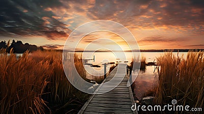 Captivating Lakeside Scene with Tall Reeds and Wooden Jetty, Ethereal Sunlight Casting Tranquil Shadows. Generative Ai Stock Photo