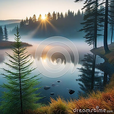 A captivating landscape with a dense forest on the opposite shore of a tranquil Cartoon Illustration