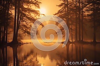 A captivating landscape featuring a dense forest on the opposite shore of a tranquil lake at sunset. Generative AI Stock Photo