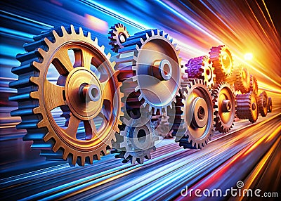 Visualizing Business Process Management BPM Efficiency A Long Exposure of Interconnected Gears Captures the Dynamics of Stock Photo