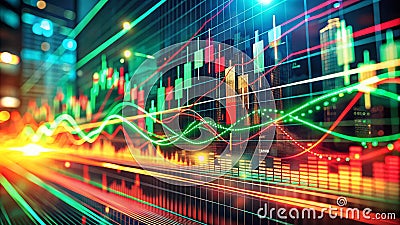 Visualizing Data Flow and Analytical Insights A Dynamic Long Exposure of Red and Green Graph Trends Illustrating Modern Stock Photo