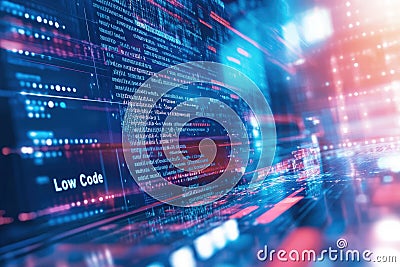Innovative low code environment showcasing dynamic coding symbols and vibrant digital infrastructure Stock Photo