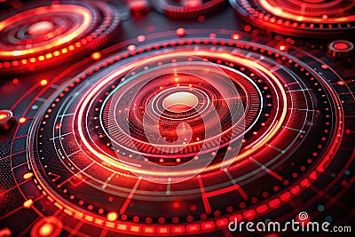 Dynamic Data Visualization Macro Shot of Red Rotating Circles in a Futuristic Digital Loading HUD Perfect for Stock Photo