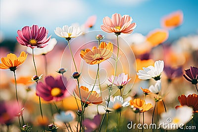 Captivating macro shot of vibrant cosmos flowers in a sunlit meadow with bokeh effect Stock Photo