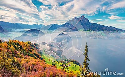 Captivating morning view of outskirts of Stansstad town, Switzerland, Europe. Stock Photo