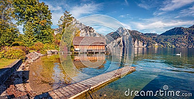 Captivating morning view of Traunsee lake with wooden pier and white swan. Editorial Stock Photo