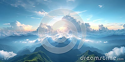 Captivating Mountain Landscape Bathed In Serene Sunrise Fluffy Clouds And Blue Sky Enhance Tranquil Stock Photo
