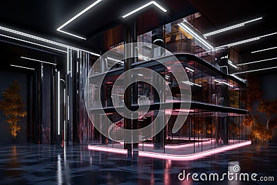 Captivating neon lit 3D renderings enhance the allure of a mysterious building Stock Photo