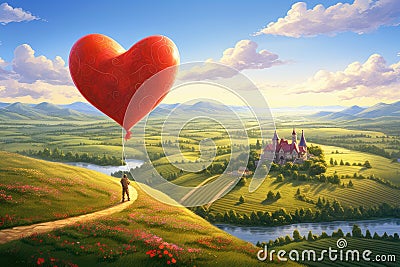 A captivating painting featuring a heart-shaped balloon flying gracefully above a picturesque countryside, A heart balloon ride Stock Photo
