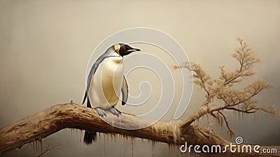 Penguin Perched On Branch: A Painterly Tribute To John Wilhelm Stock Photo