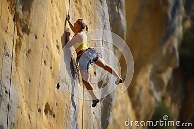 Girl Rock Climbing at Noon on a Cliff Stock Photo