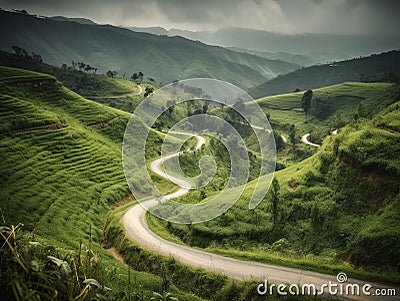 Serpentine Road Through a Green Valley Stock Photo