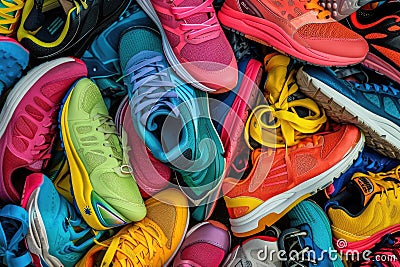 A captivating photo showcasing a vibrant pile of assorted colorful shoes stacked on top of each other, A jumbled pile of athletic Stock Photo