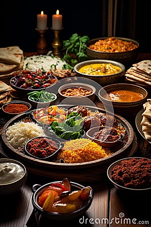 Exquisite Middle Eastern Iftar Feast on a Symmetrical Wooden Dining Table Stock Photo