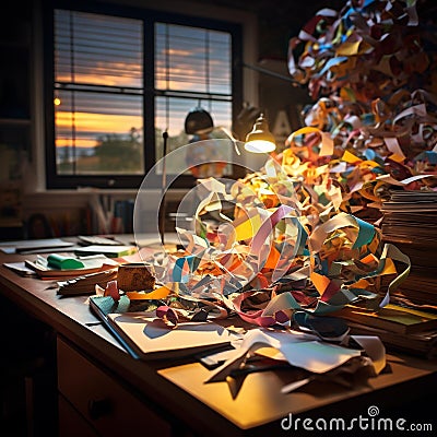 Chaos vs Order: Vibrant Paper Storm Engulfs Organized Desk Stock Photo