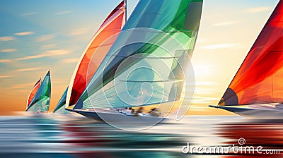 Vibrant Sunset Sailboat Race: Colorful Sails on Sparkling Ocean Stock Photo