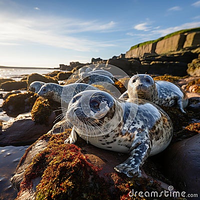 Sunning Seals: Majestic Grey Seals Relaxing on Orkney Islands Rocky Shore Stock Photo