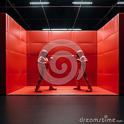 Dynamic Clash: Abstract Rivals in Red Boxing Gloves Stock Photo