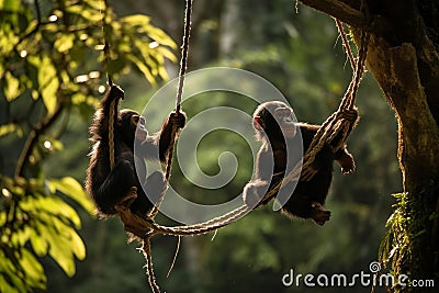 Graceful Play: Chimpanzees Swinging in Lush Rainforest Stock Photo