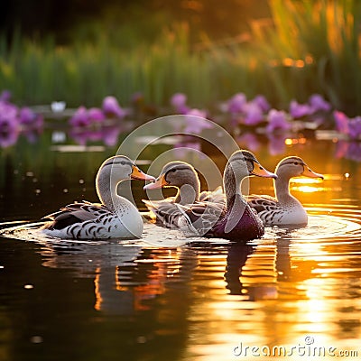Tranquil Sunset Serenade: Mallards and Pekin Ducks Gracefully Glide Amidst Blooming Water Lilies Stock Photo