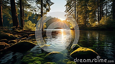 Serene Sunset Reflections on Moss-Covered Rocks in Enchanting Forest Stock Photo