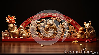 Golden Chinese Zodiac Animals in Vibrant Temple Setting Stock Photo