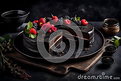 A captivating photograph featuring a black charcoal edible vegan raw organic cake. Stock Photo