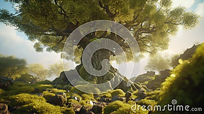 Ancient Wisdom: The Majestic Oak Tree Cloaked in Moss Stock Photo