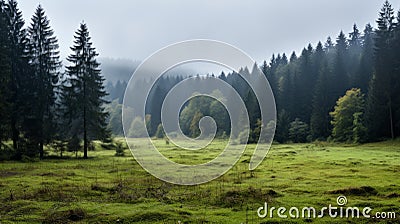 Misty Meadow With Deciduous Trees And Firs In Rainy Weather Stock Photo