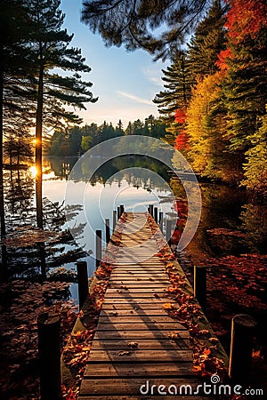 Serene Lakeside Dock: Autumns Golden Hour Beauty Stock Photo