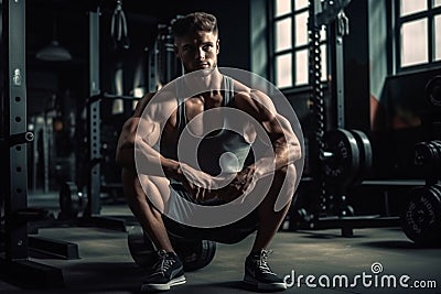 Ai Generative Portrait of a handsome muscular bodybuilder posing over black background. Stock Photo