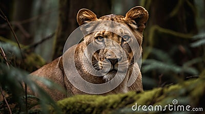 Ai Generative Portrait of a lioness in the forest. Wildlife scene from nature. Lioness in the jungle Stock Photo