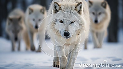 Captivating Portraits Of White Wolves In Snowy Landscapes Stock Photo