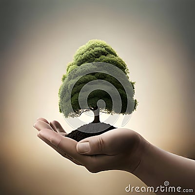 Hand keeping a green tree rooted in rich black soil. Gray and shine in the background. Generative AI Stock Photo